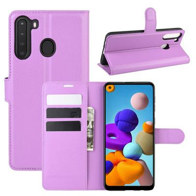 Side Flip Lychee Pattern Scratch Resistant PU Leather Wallet Phone Case with Stand and Card Slots for Samsung Galaxy A21 U.S. Edition