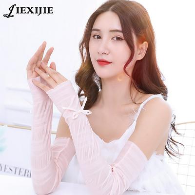One-Size Women's Summer Thin Long Ice Silk UV Protection Lace Half Finger Glove Sunscreen Cooler Long Cuffs for Driving Cycling 