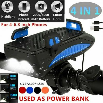 4 In 1 Multi-Function USB Charging Waterproof LED Riding Headlight 130db Horn Power Bank Mobile Phone Bracket 
