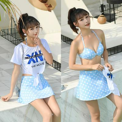 M/L/XL Size Fashion Summer Female Cute Dots Pattern Cover Belly Short Sleeves T-Shirt + Bikini + Skirt Three-Piece Set for Holiday Hot Spring Beach