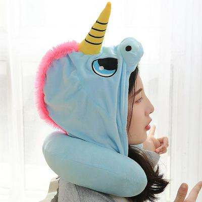 Lovely Cartoon Unicorn U-Shaped Travel Office Sleep Compact Neck Rest Hooded Pillow Soft Plush Toy Doll Gift