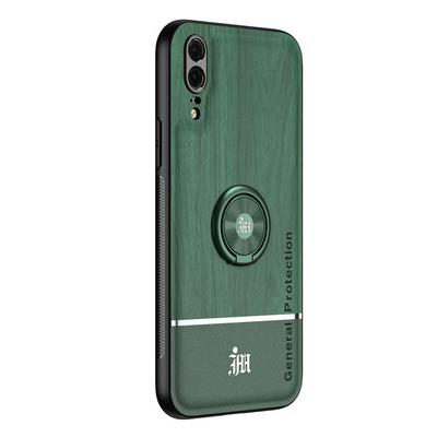 Ultra-thin Bionic Wood Grain Anti-fall Hard PC+ Soft Frame Back Cover Phone Case with Ring Buckle Bracket for HUAWEI P20