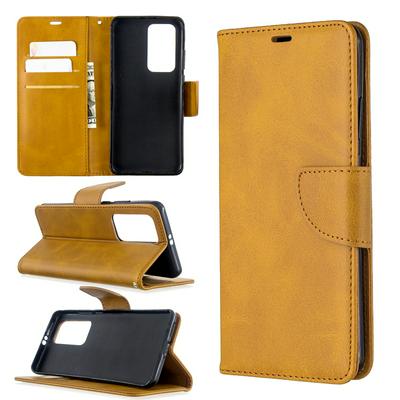 Solid Lambskin Pattern Wrist Strap Style Anti-Fall Side Flip PU Leather + Soft TPU Stand with Magnetic Buckle and Card Slots Wallet Case for Huawei P40 Pro