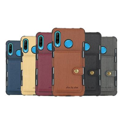 Metal Brushed PU Leather Coated PC + TPU with Card Holder Stand Support Picture Frame Back Cover Case for Huawei P30 Lite 