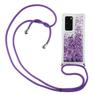 Solid Color Glitter Quicksand Shockproof Anti-fingerprint Soft TPU Back Cover Phone Case with Lanyard for HUAWEI P40 Pro