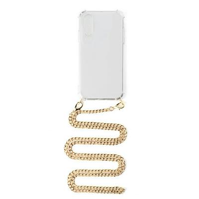 Stylish Four Corners Anti-Fall Soft TPU Cell Phone Case with Golden Rings and Golden Metal Grinding Cross Body Lanyard Strap Rope for Huawei P30