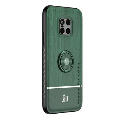 Ultra-thin Bionic Wood Grain Anti-fall Hard PC+ Soft Frame Back Cover Phone Case with Ring Buckle Bracket for HUAWEI Mate 20 Pro