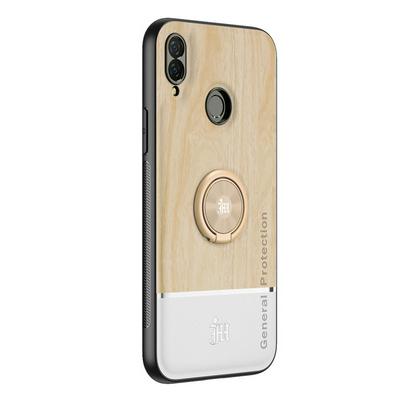 Ultra-thin Bionic Wood Grain Anti-fall Hard PC+ Soft Frame Back Cover Phone Case with Ring Buckle Bracket for HUAWEI P Smart+/Nova 3i