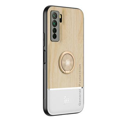 Ultra-thin Bionic Wood Grain Anti-fall Hard PC+ Soft Frame Back Cover Phone Case with Ring Buckle Bracket for HUAWEI nova 7 SE