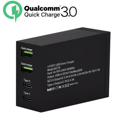 Qualcomm 2* QC3.0 Mobile Phone Fast Charger + 2* TYPE-C Smart USB Porous Charger 50W 3A USB HUB