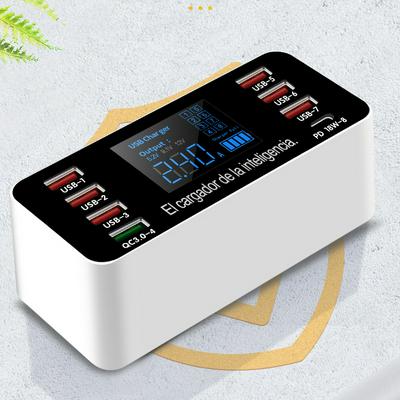 8-Port USB Intelligent Charging Station, 6 x USB + QC3.0 + PW18W Multiple USB Charger 8-Port Desktop Charging Station Hub with Quick Charger 3.0 USB, Type C and LCD Display for Smart Phones