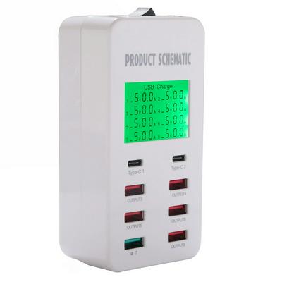 8-port USB Charging Station QC3.0 Charger, 2 Type-C Ports, with LED Display Screen for iPhone, iPad, Samsung, Huawei