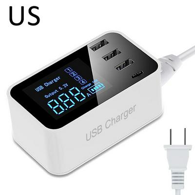 4A 20W 4 Ports Quick Charge 2.0 Smart Type-C USB Charger HUB Wall Charger LCD Digital Display Fast Mobile Phone Charging  