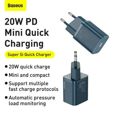 Baseus Super Si Super Silicon Fast Charger 1C 20W EU Plug Set (Including: Smart Data Cable Type-C to iP 1m)