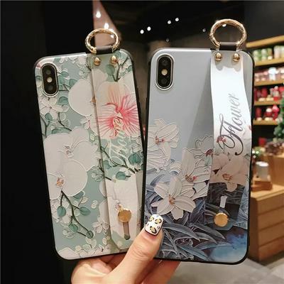 3D Relief Colored Painting Flower Pattern Hard PC with Hand Rope and Strap Holding Ring Back Cover Case for iPhone X / XS