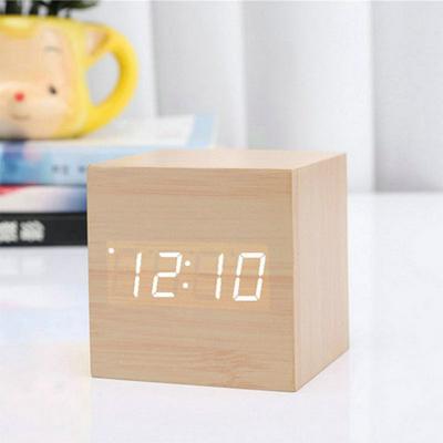 Mini Square Digital Wooden Clock Multifunction LED Voice Control Electronic Alarm Clock Creative Bedside Ornaments