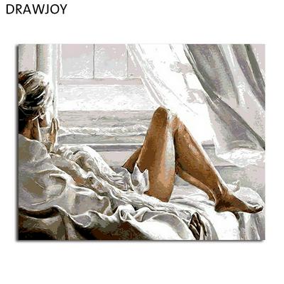 50x40 Frameless Paint by Numbers Beauty Looking Out of the Window Acrylic Painting for Home Decoration