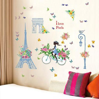 SK9164 Eiffel Tower Cycling Girl Ancient City Home Office Decorative Refrigerator Wardrobe Wall Sticker 60*90cm