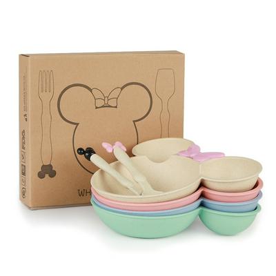 3pcs Set Wheat Straw Mickey Mouse Bowl Bow-knot Big Head Bowl Cartoon Children Cutlery Set