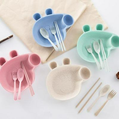 Wheat Straw Plate Degradable Cartoon Pig Cutlery 4Pcs Children's Plate Tableware Bowl Chopsticks Spoon Fork  