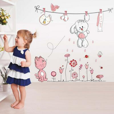 JM8352 Pink Cartoon Cat Rabbit Flower Wall Sticker For Baby Girls DIY Rooms Home Decor Teddy Bear Classroom 