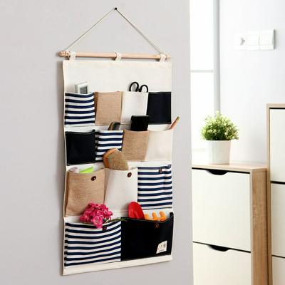 13 Pocket Wall Hanging Bag Organizer Striped Flax Holde Storage Bag Rack Makeup Comestic Box Basket