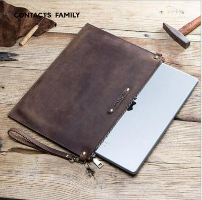 Zippered Crazy Horse Leather Case for iPad Pro 12.9, Retro Protective Sleeve with Wrist Strap for iPad