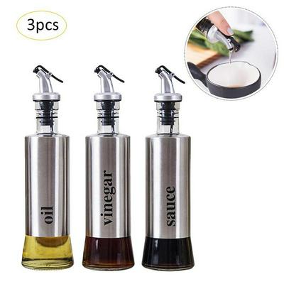 3pcs Leak-Proof Household Stainless Steel Glass Oil Sauce Vinegar Bottles Pots Set with Funnel Home Kitchen Tools 