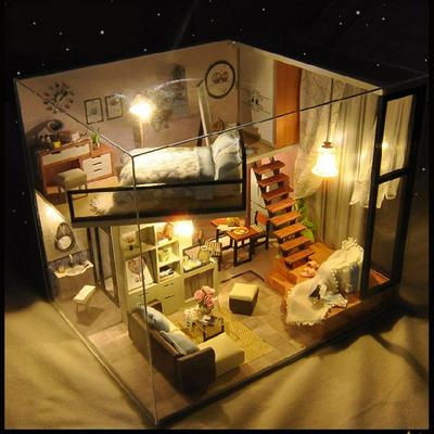 Wooden Dollhouse Miniature House Puzzle Set with Dust Cover