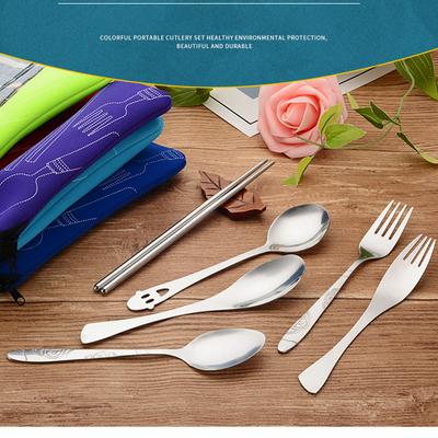 3 Pieces Portable Stainless Steel Party Dinner Spoon Chopsticks Fruit Fork Cutlery Set Kitchen Tools with Environmentally Friendly Cloth Bag