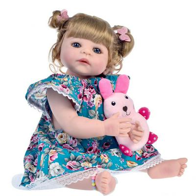 22inch/55cm Realistic Baby Doll in Floral Dress True to Life Toddler Doll with Bun Hairstyle