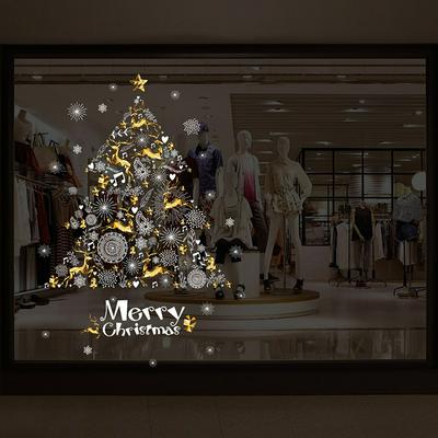 2pcs Merry Christmas Wall Stickers Golden Elk and Xmas Tree Decals 60x90cm 
