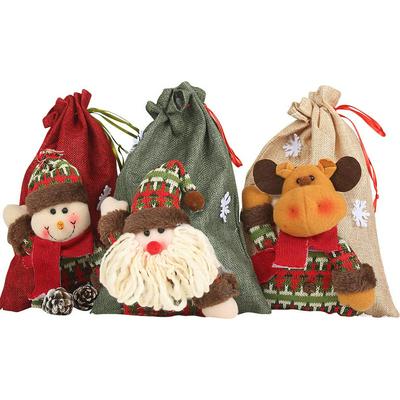 Christmas Gift Bags Reusable Burlap Sacks with Drawstring and Stuffed Toy on
