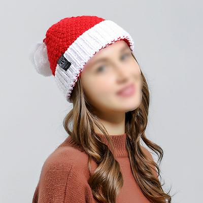 Christmas Santa Hat Slouchy Knitted Beanie with Fold and Pom Pom