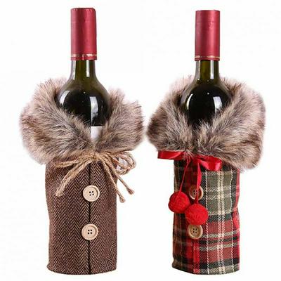 Button Faux Fur Mini Coat Merry Christmas Wine Bottle Cover Bar Xmas Bottle Clothes Decoration Dinner Table Decor for Home     