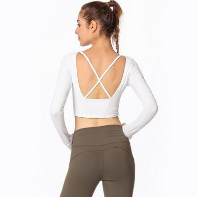 S-XL Size Solid Color Sexy Back Cross Sports Fitness Yoga Long Sleeve T-Shirt Top with Chest Pad for Women 