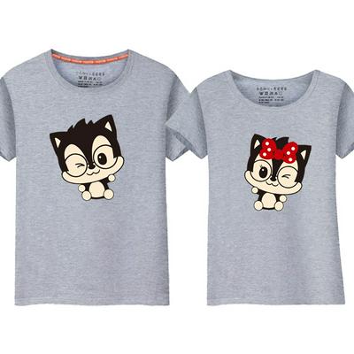 His and Hers T-shrit Cute Cartoon Patterned Tee with Short Sleeves and Crewneck - White, Grey