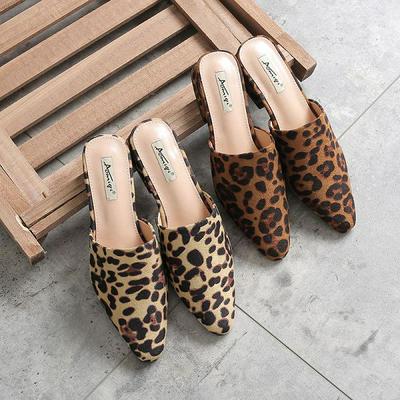 Spring Fashion Leopard Embroidery Lazy People Wear Low Heel Women Pointed Flat Bottom Half Slippers Single Shoes
