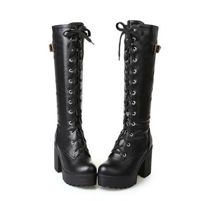 YONGLILAI Gothic Knight Boots Increased Long Boots Pure Black Gothic Loli Cosplay Shoes PU Leather Round Head Shoes for Women Leather Shoes 