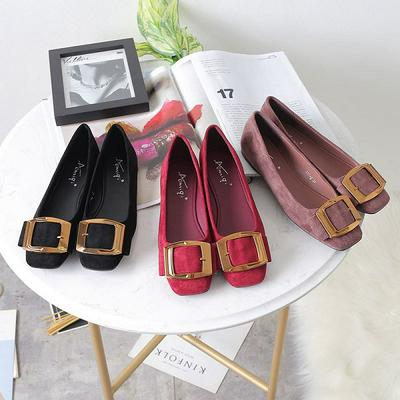 35-39 Yard Fashion Ladies Casual Square Head Metal Belt Buckle Shallow Mouth Flat Low Heel Slip-On Single Shoes
