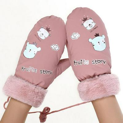 084A Fruits Story Letter Cartoon Pattern Thickening Winter Windproof Plus Velvet Warm Bag Fingers Gloves with Finger Rope