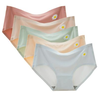 5pcs /Pack Little Daisy Graphene Antibacterial Panties Women's Seamless Ice Silk Mid-Waist Sexy Briefs