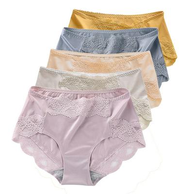 5PCS Women's Ice Silk Mid-waist Sexy Lace Panties Hollow Breathable Seamless Cotton Crotch Antibacterial Briefs