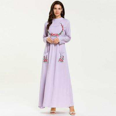 Muslim Girl Dress Stand Collar Long Sleeve Embroidered Pocket Casual Dress