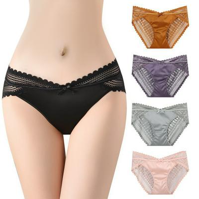 5PCS/Pack High-end Satin Lace Panties Women's Sexy Mid-waist Antibacterial Cotton Crotch European and American Luxury Translucent Briefs