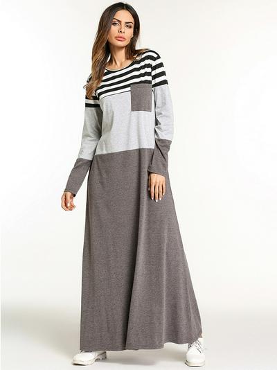 M-2XL Size Fashion Loose Style Hit Color Stripe Stitching Long-Sleeve O-Neck Muslim Abaya Maxi Dress Long Robe Gown Tunic Jubah Ramadan Middle East Arabic Islamic Clothing