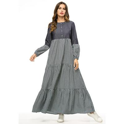 M-2XL Size Muslim Middle Eastern Islamic Stripe Denim Stitching Women Fashion Long-Sleeve Round Neck Button Loose Large Swing Long Dress 