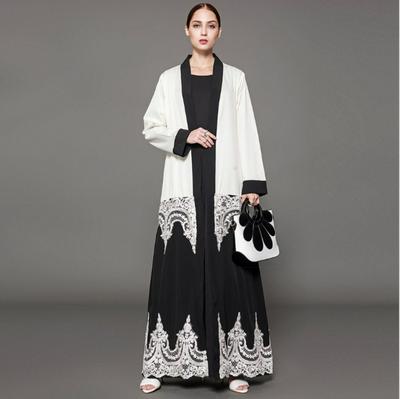 Women's Muslim Lace Maxi Dress Loose White and Black Abaya with Ribbon