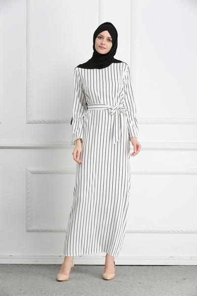 M-2XL Size LR98 Muslim Stripe Trumpet Sleeve Maxi Dress Abaya Robe Gown Tunic Kimono Jubah Middle East Ramadan Arabic Islamic Clothing with Belt