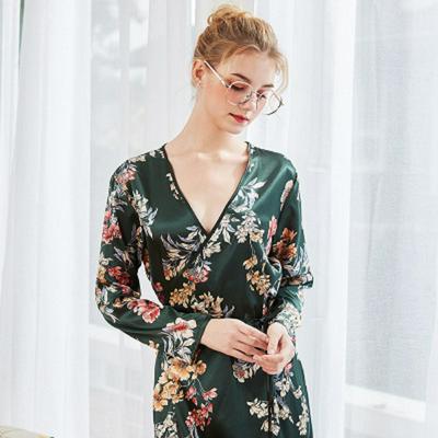 Women's Silk Nightgown Spring Long Sleeve Satin Homewear Sexy Flower Long Robes